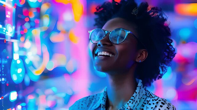 A woman imagines the future of technology against a vivid, colorful digital backdrop, exuding happiness and innovation.
