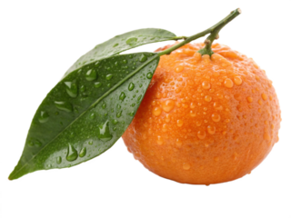 Whole mandarin fruit with water droplets on a transparent background