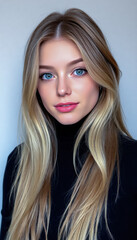 Naklejka premium Young Woman in Black Turtleneck with Serious Expression
