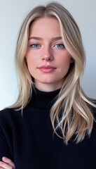 Naklejka premium Young Woman in Black Turtleneck with Serious Expression