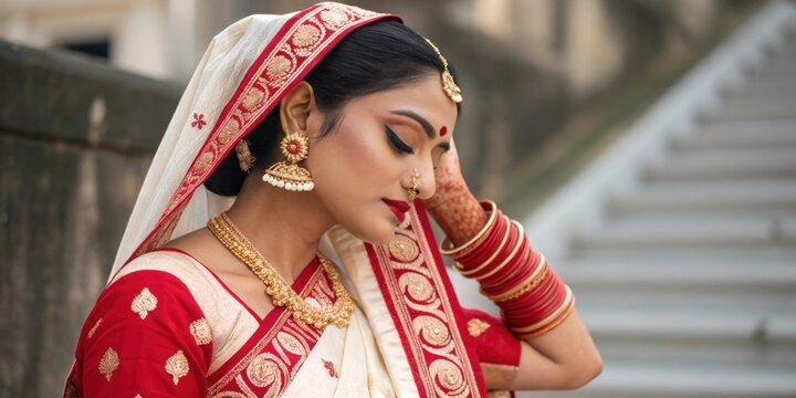 Beautiful bengali bride wearing a traditional red and white sari, adorned with intricate gold jewelry, gracefully adjusting her veil, showcasing the rich cultural heritage of a bengali wedding