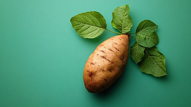 A single sweet potato with its vine and leaves, isolated on a vibrant green background