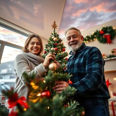  Portrait of joyful couple decorating christmas tree and spending time together during holiday...