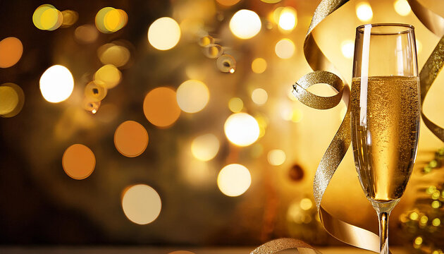 Copa de champan entre luces doradas brillantes y adornos de navidad dorados