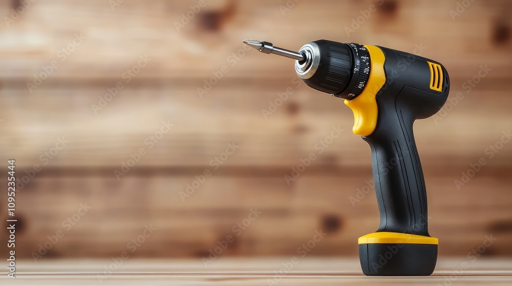 Poster black and yellow electric screwdriver with sharp edges featuring a rechargeable battery displayed on