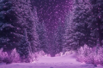 Purple snowy Christmas forest under starry sky on festive background