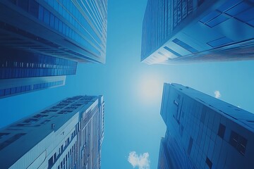 Fototapeta premium Towering Modern Buildings, Blue Sky, City Street View
