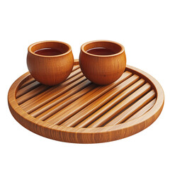 A beautiful wooden tray with two ceramic cups, perfect for serving tea or other warm beverages.