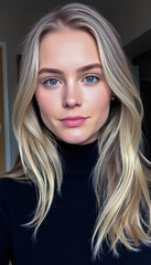Naklejka premium Young Woman in Black Turtleneck with Serious Expression