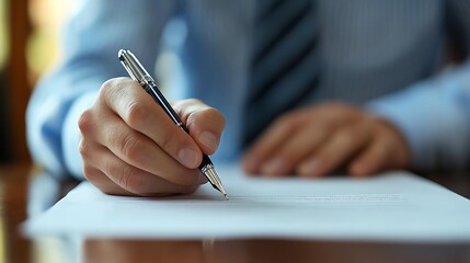 Close up of hands holding a pen and writing on a ledger