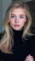 Naklejka premium Young Woman in Black Turtleneck with Serious Expression