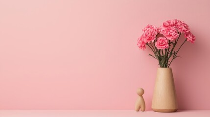 Obraz premium Soft blush carnations arranged beside a small carved wooden figure, creating an elegant and minimal scene