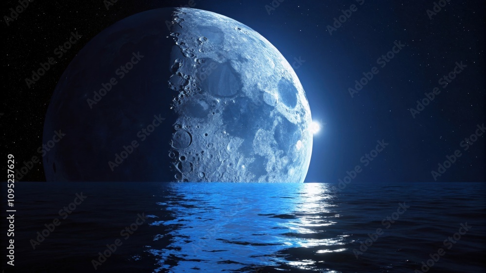 Aufkleber An artistic portrayal featuring a halfmoon face where one side is engulfed in a bright indigo glow while the other side sinks into rich shadows creating a compelling balance