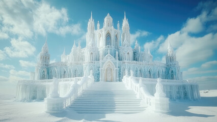 Majestic Ice Castle with Snowy Staircase Under Blue Sky