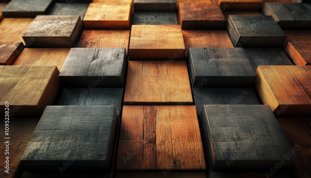 Poster abstract textured wooden blocks arranged in an artistic pattern, showcasing a blend of warm and dark
