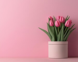 Obraz premium Pale pink tulips placed beside a handmade souvenir box, minimal and elegant, creating a refined look