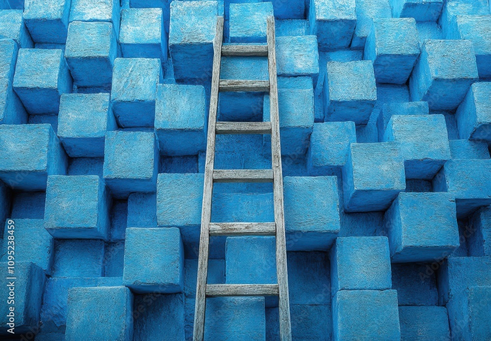 Poster abstract scene of a wooden ladder leaning against a surface of bright blue cubes, creating a dynamic