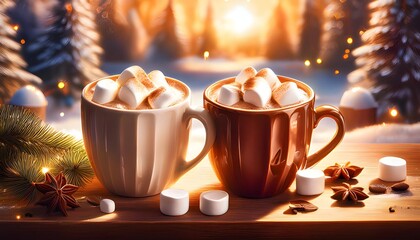 Cozy Winter Cocoa: Two mugs of hot chocolate topped with marshmallows, surrounded by festive winter elements. A perfect image for holiday cards, blogs, or social media. 