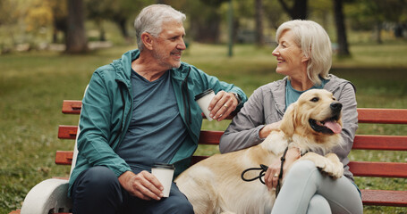 Dog, park and old couple on bench, coffee and conversation with animal lover. Outdoor, pet and senior man with mature woman, bonding together and relationship with herbal tea, smile and retirement