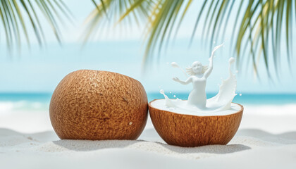 Obraz premium Coconut Halves on a Tropical Beach with a Splash of Coconut Milk in the Shape of a Woman