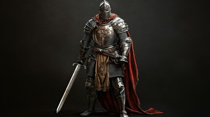 Fototapeta premium Medieval Knight in Full Armor: Dark Fantasy Illustration