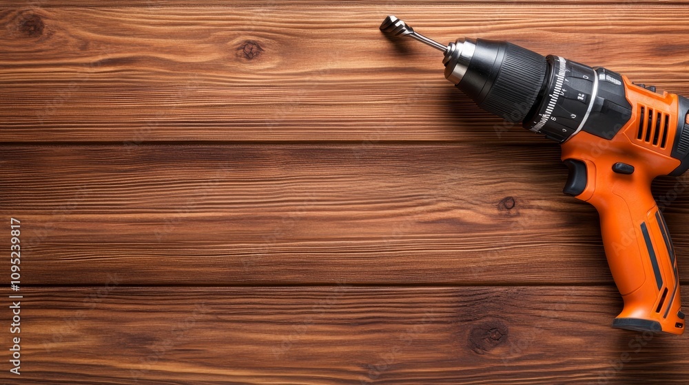 Poster cordless drill with a drill bit placed on a wooden background ample space for copy text