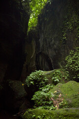 Rocks and huge boulders covered with moss in the jungle on the popular island of Bali.