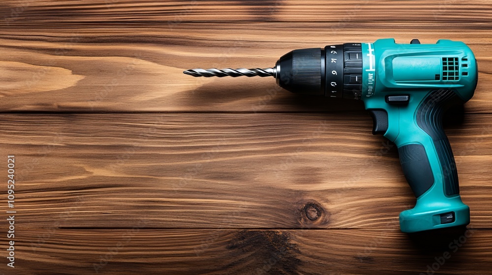 Poster cordless drill with a drill bit placed on a wooden background ample space for copy text