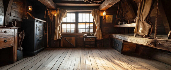 Interior of an old pirate ship, dark and creepy. Old furniture and wooden walls