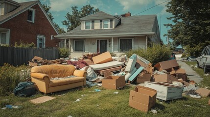 Residential House Front Yard Overflowing with Junk, Trash, and Debris