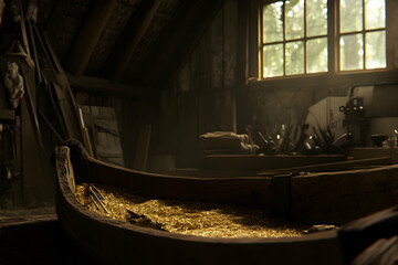 Atmospheric image of a rustic carpentry workshop, sunlit through a window, showing wood shavings in a wooden trough.  Tools and woodworking equipment are visible in the background.