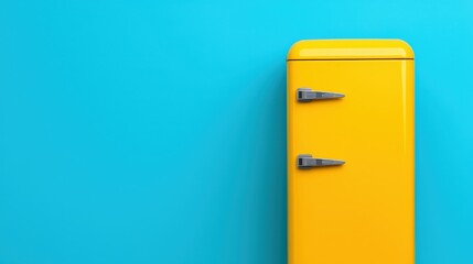 Yellow Retro Refrigerator on Blue Background Kitchen Appliance Home Decor