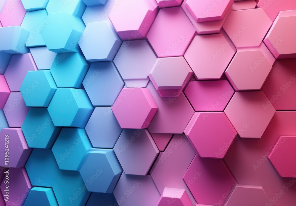 Poster abstract geometric pattern of 3d hexagonal shapes in vibrant shades of blue, pink, and purple, creat