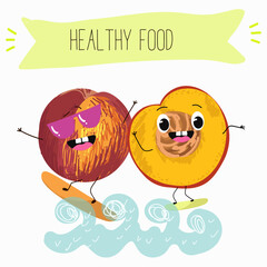 Nectarine fruit cute funny cheerful characters with different poses and activities. Natural vitamin antioxidant detox food collection. Vector hand drawn illistration.