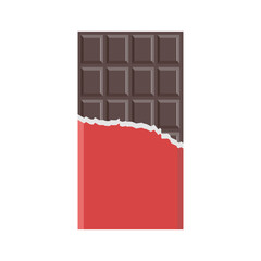 Chocolate bar with red wrapper half opened. Milk chocolate. Cocoa product icon. Vector illustration isolated on white background.