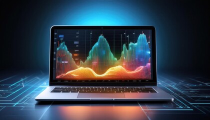 A modern laptop displaying vibrant data visualizations on a futuristic interface.