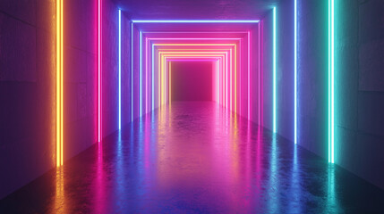 Fototapeta premium A mesmerizing digital art piece featuring a vibrant and colorful neon tunnel. Perfect for futuristic and sci-fi designs