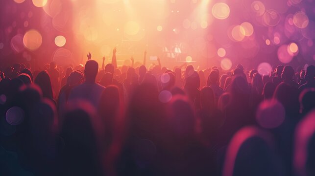 Silhouettes of concert crowd in front of bright stage lights on a music festival. Fog created by a fog machine. Illustration for cover, card, postcard, interior design, decor, packaging or banner.