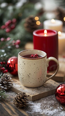 Festive mulled wine in rustic mug with Christmas candles and decor