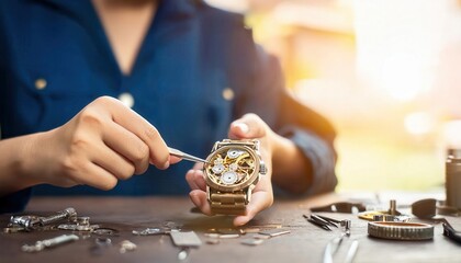 A person repairs a luxury watch with precision tools, showcasing their watchmaking skills.