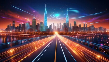 Obraz premium A futuristic skyline with vibrant lights and a dynamic atmosphere at dusk.