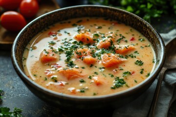 nordic soup still life, creamy salmon soup in a deep bowl amidst rustic decor and seasonal veggies, with space for adding text, finnish-icelandic style