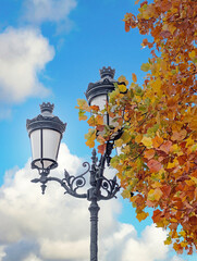 old iron street lamps with autumn leaves and blue sky with a few clouds