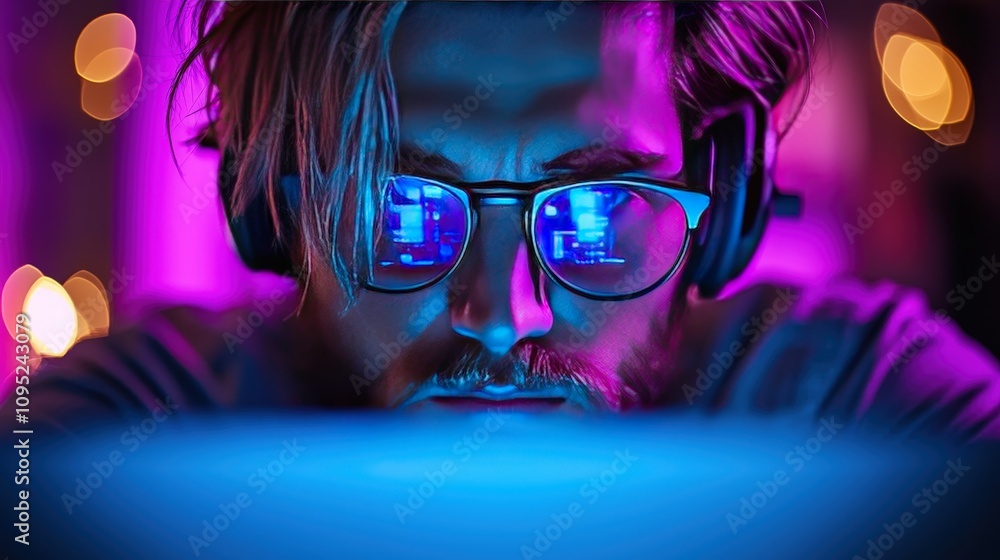 Poster man focused on computer screen in neon light ai technology
