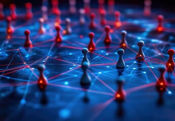 Abstract concept of strategic networking and connections represented by colorful game pieces illuminated with vibrant lights on a dark background