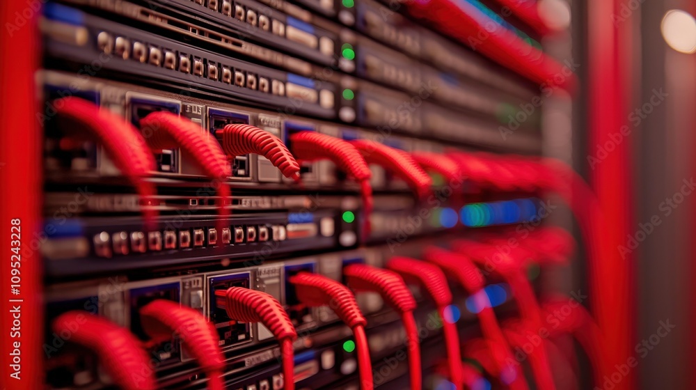 Poster red network cables in modern server rack data center technology