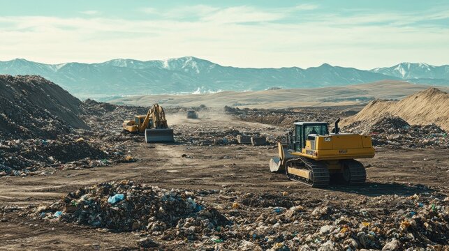 Mountainous Landfill Waste, Heavy Machinery, Environmental Cleanup, Waste Management, Bulldozers, Re