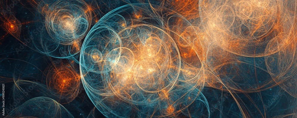 Poster abstract orange and blue spheres creating a surreal universe