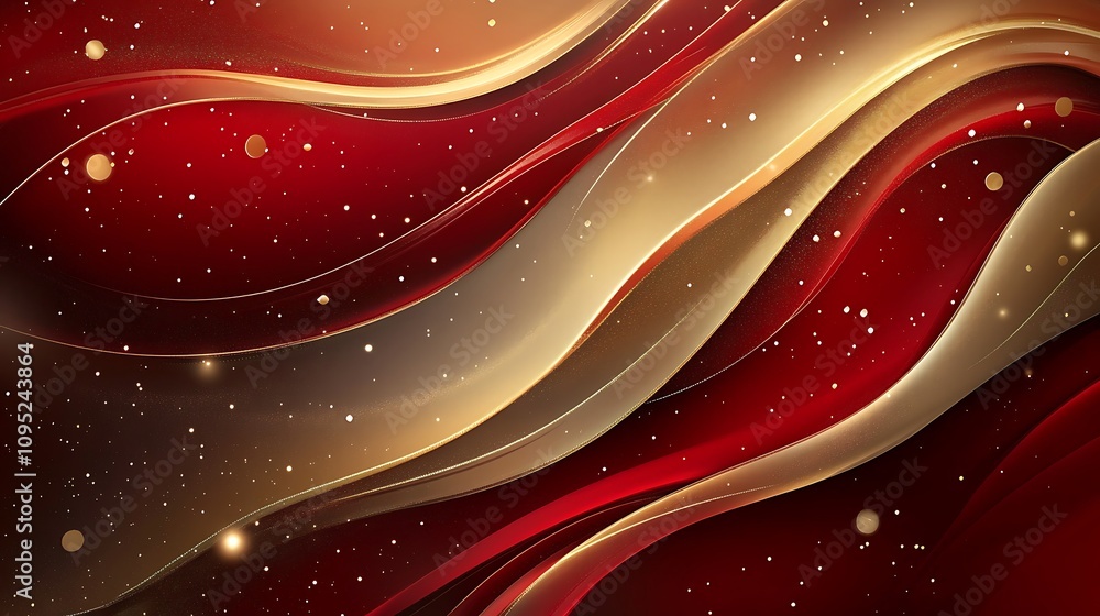 Poster a modern flat design with dynamic abstract shapes in red and gold, creating a polished and elegant b
