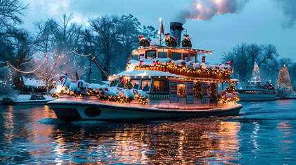 Fototapeta premium During the Patchogue Holiday Boat Parade, a boat decorated with Christmas lights and holiday characters, with various characters representing the day of Christmas